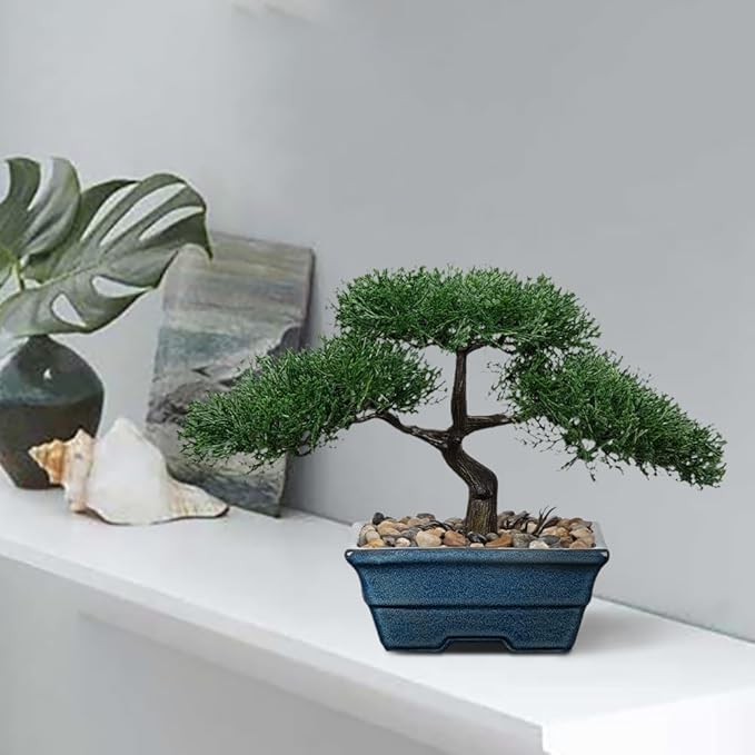 Artificial Bonsai Tree Juniper Faux Plants Indoor Fake Plants Decor with Blue Ceramic Pots for Home Table Office Desk Bathroom Shelf Bedroom Living Room Farmhouse Decorations-Pine
