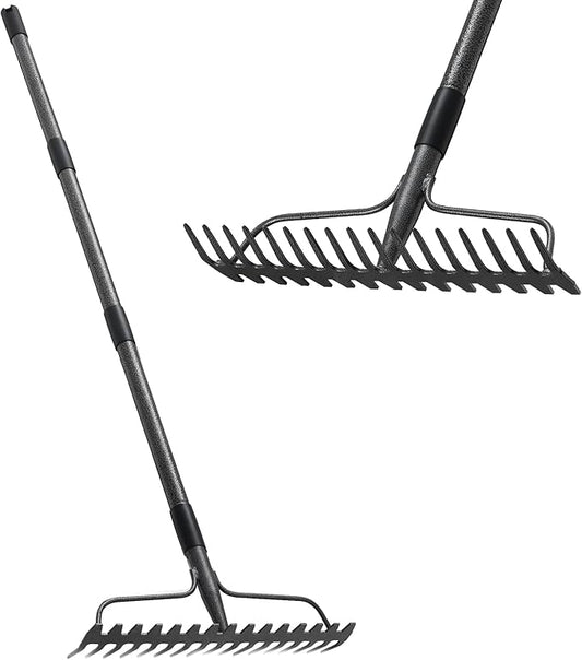 Bow Rakes for Lawns, 17 Prongs 17" Wide Heavy Duty Metal Garden Rake Long Handle 50", Adjustable Rock Yard Thatch Rake for Leaves Gardening Loosening Soil Mulch Gathering Leaf