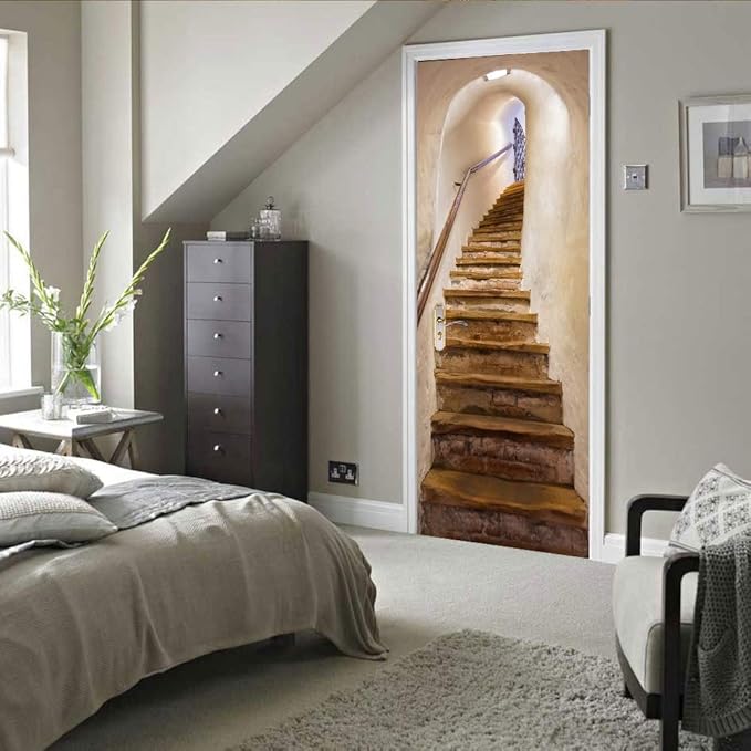 3D Door Stickers Murals - Peel and Stick - Stairs - Door Wallpaper - Self-Adhesive - Removable - PVC - Waterproof - Brown - Modern - 33.9" x 78.7"
