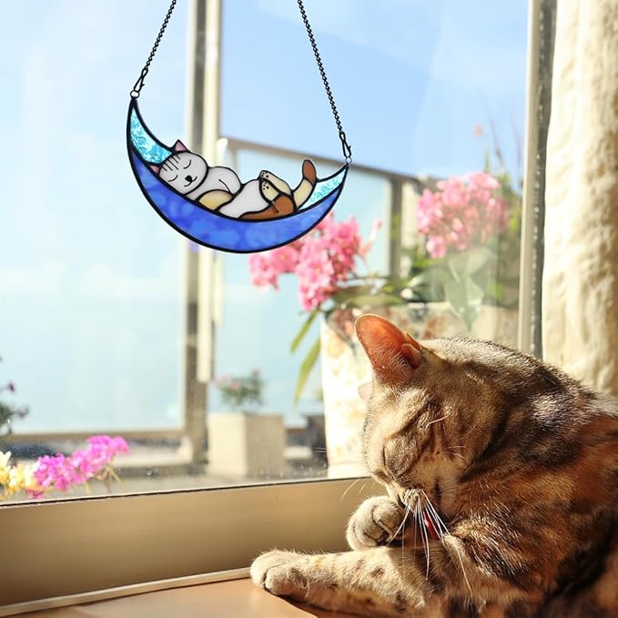 BOXCASA Sleeping Cat Stained Glass Windown Hanging,Cat on Moon Beautiful Handcrafted Sun Catcher Gifts for Daughter,Mothers Day,Christmas and Cat Lover