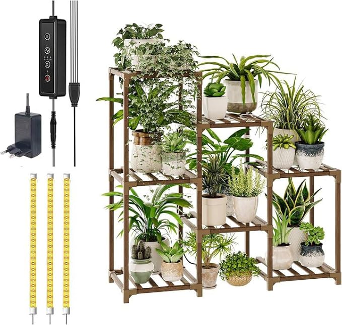 Bamworld Plant Stand with Grow Light Plant Shelf for Mutiple Pots 3 Tiers Ladder Plant Holder for Living Room Patio Boho Home Decor for Gardening Warm Light