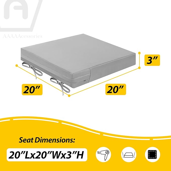 AAAAAcessories Outdoor Seat Cushions for Chairs, Waterproof, Fade-Resistant Patio Furniture Replacement Cushions, 20" x 20" x 3", Set of 2, Gray