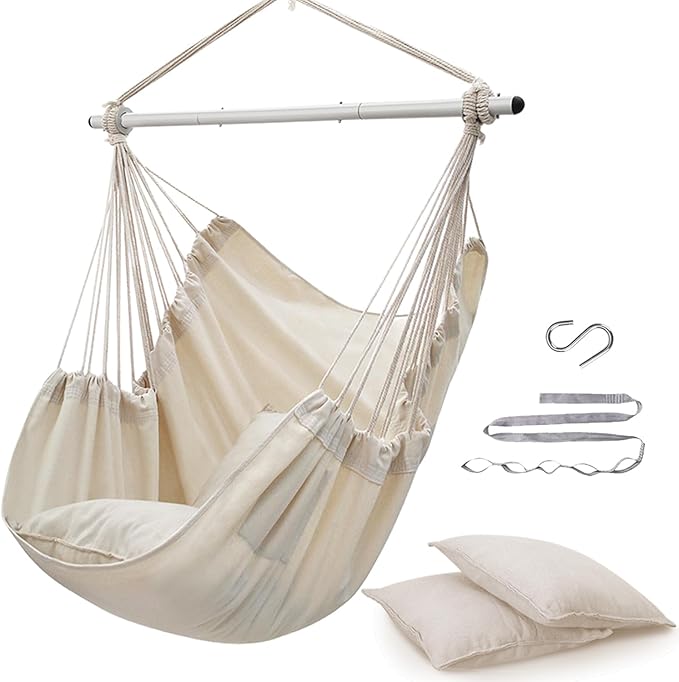 ADVOKAIR Hammock Chair Swing (500 lbs Max-2 Cushions) - Hanging Hammock Chair Rope Swing Indoor for Bedroom, Outdoor, Patio, Bedroom, Porch, Deck - Sturdy Steel Bar with Anti-Slip Safety Rings
