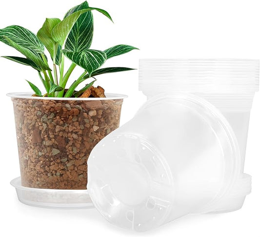 4/5/6/7 Inch Clear Nursery Pots for Plants with Sacuers 15 Pack, Plastic Flower Pots with Drainage Holes, Variety Pack Seedlings Garden Pot for Indoor Outdoor (4 inch)