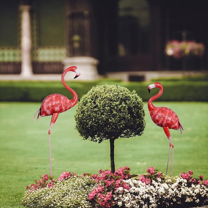 3Pcs Metal Flamingo Statues, Hot Pink Flamingo Outdoor Decor for Garden Home Patio Lawn Backyard Ornaments
