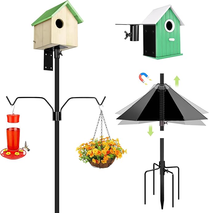 Bird Feeder Pole, 79 Inch Heavy Duty Bird House Pole Mount Kit for Outdoors, Adjustable Feeding Stand, with 2-Hooks, Metal Squirrel Baffle and 5-Prong Base, Black