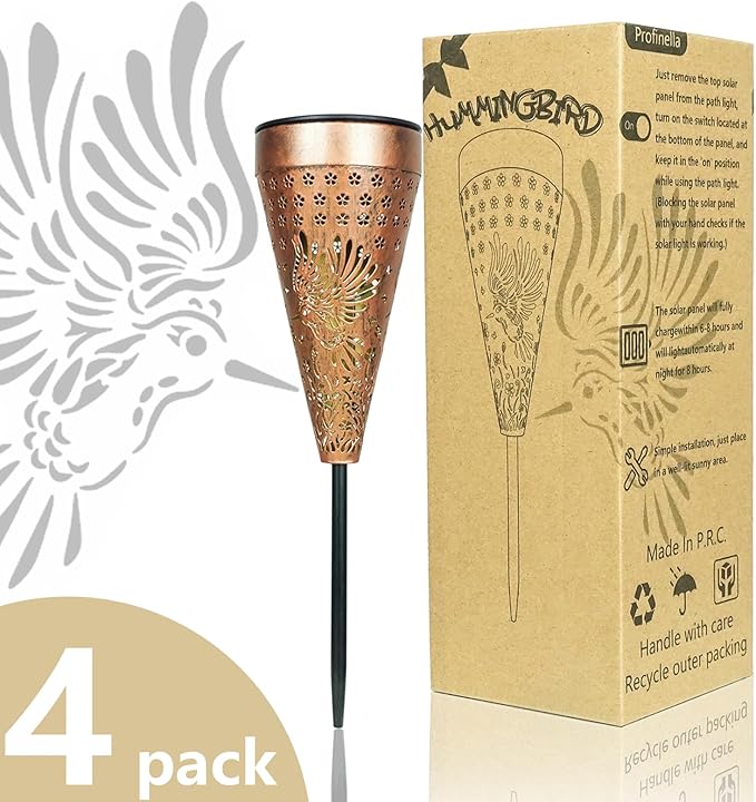 4-Pack Hummingbird Outdoor Decor Solar Pathway Lights, Metal Landscape Lighting for Outside Use: Patio, Yard, Lawn, Backyard, Walkway, Driveway – Gifts for Women, Mother, Grandmother