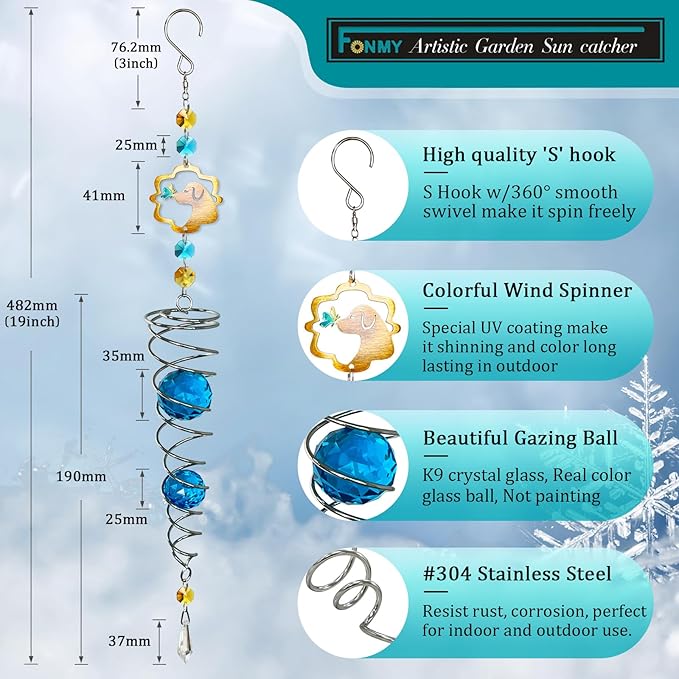 FONMY Dog Gazing Ball Spiral Tail Wind Spinner Sun Catcher Rainbow Maker Silver Double-Spiral W/Blue K9 Crystal Ball Tree Hanging Ornament Indoor Outdoor Garden Decor. -19.5inch H