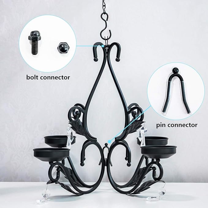 3 in 1 Lighting Chandelier with 4pcs Battery Operated Led Candle with Remote, Table Centerpiece for Indoor or Outdoor Gazebo, Patio Decoration, Black