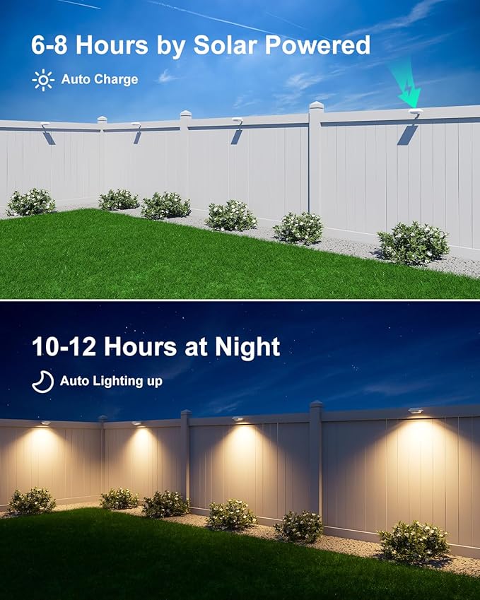 8 Pack Solar Powered Gutter Lights Outdoor Decorative Waterproof 12 LEDs Yard Lamp for Fence, Railing, Outside Wall, Deck, Garden, Path, Backyard, Walkway, Patio, No Drilling Installation (Warm White)