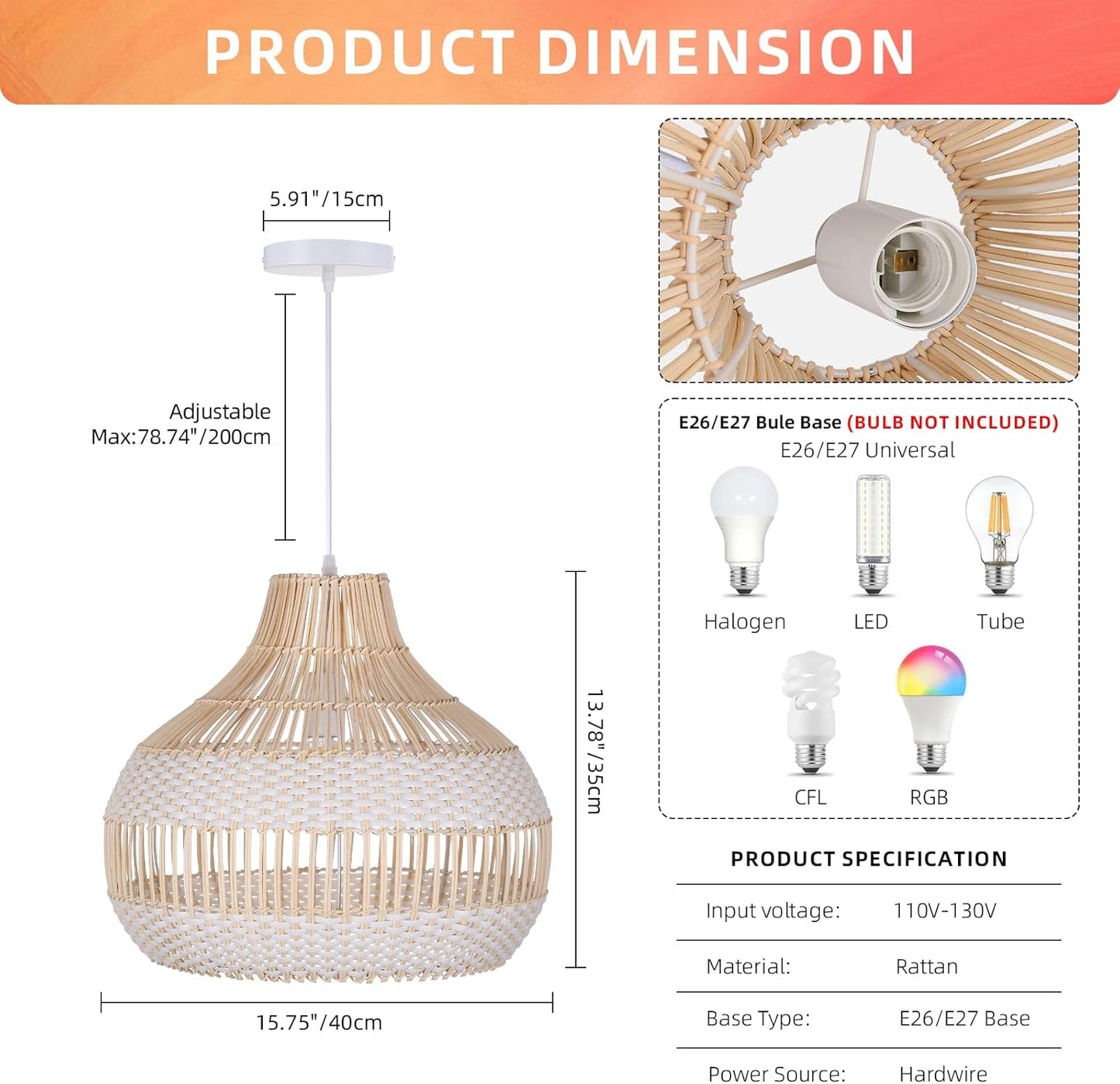 Arturesthome Rattan Chandelier for Kitchen Island,15.72" White Boho Woven Basket Pendant Light,Handmade Wicker Hanging Light for Living Room,Bedroom