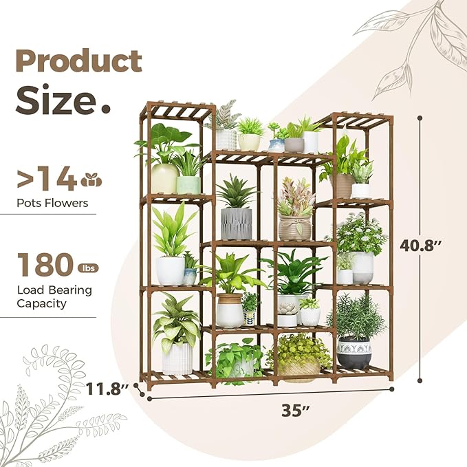 Bamworld Plant Stand Indoor Large Plant Shelf Tall Flower Stands 14 Pots Outdoor Plant Rack for Garden Balcony Patio Window Living Room Corner Wood