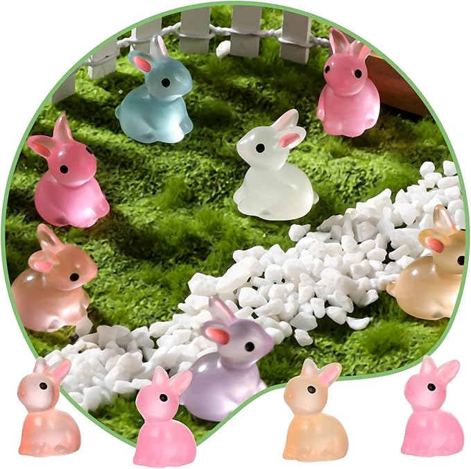 140Pcs Mini Resin Luminous Bunnies Glow in Dark Resin Rabbit Figures for Fairy Garden Luminous Mini Portrait Fairy Garden DIY Christmas Party Ornament Accessories Charms Party Favors