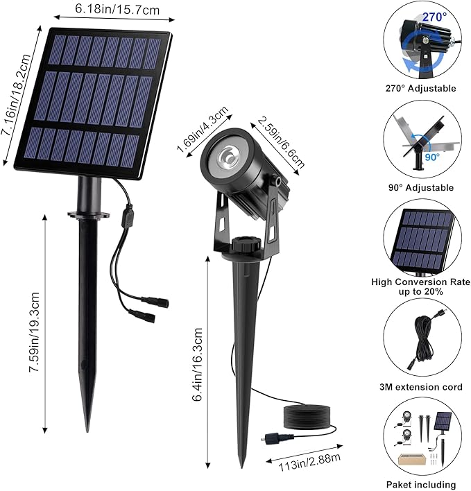 2W Solar Spotlights,T-SUNRISE IP65 Waterproof Outdoor Solar Lights Landscape Lighting Wall Light Auto On/ Off with 2 Warm White Dual Spot Headlamp for Tree,Patio, Yard, Garden