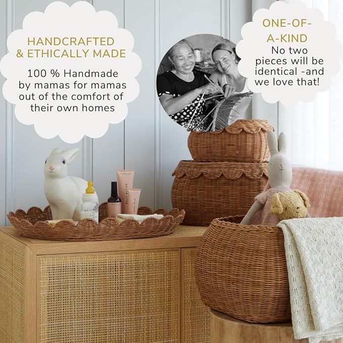 BEBE BASK Large Scalloped Basket Set Of 3 - Hand-Woven & Award-Winning Scallop Basket - XL - Extra Large for Blankets 22 x 16 x 10 In - Elegant Wicker With Scalloped Edge Lid (Mocca)