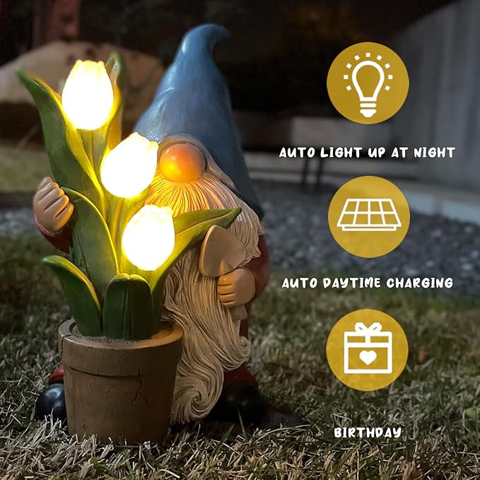 Garden Gnome Statue, Sculpture of a Dwarf Holding a Shovel and a Flower Pot, Solar Gnome Statues Outdoor Decor, Outside Lawn Patio Yard Ornament Gifts
