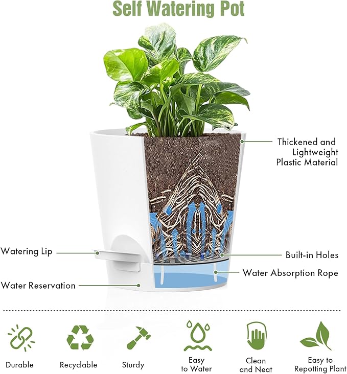 4 inch Self Watering Pots for Indoor Outdoor Plants, 6 Pack Plastic Flower Planters with Drainage Holes and Removable Saucers, Plant Pots with Wicking Rope, Modern Decor, White