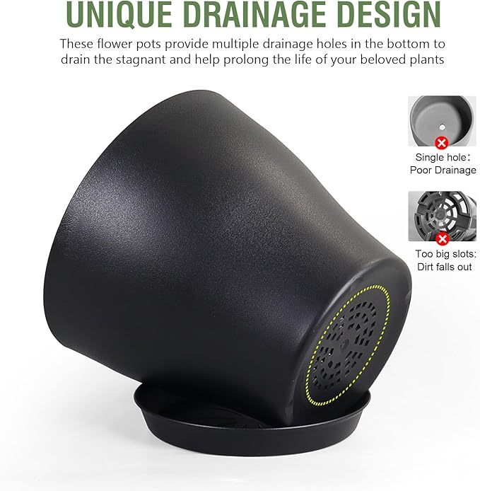 6 inch Plastic Nursery Pots, Seedling Pots, 16 Pack Plant Pots for Small Indoor Outdoor Plants, Flower Pots with Drainage Holes and Saucers, Decorative Planters for House Plants, Black