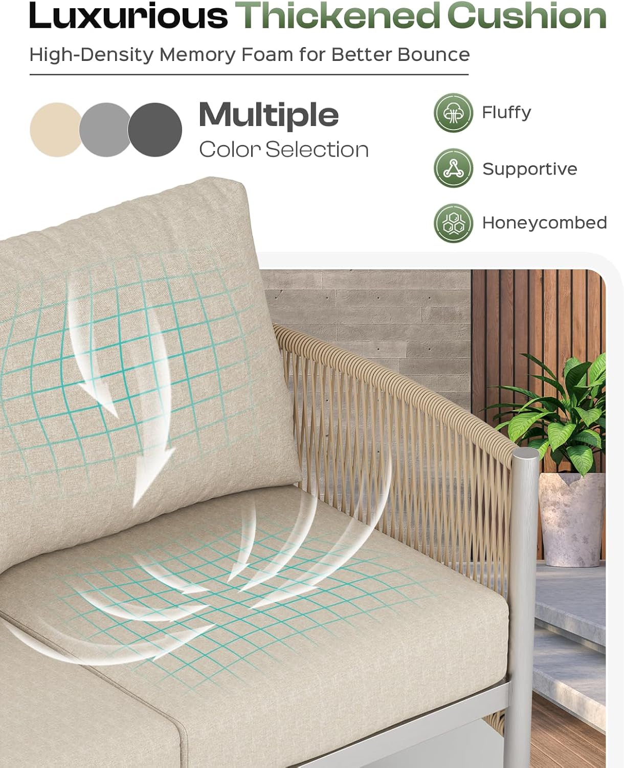 Aluminum Outdoor Patio Couch, 3 Seats HDPE Rope Patio Sofa with Washable Thick Cushion, All-Weather Patio Furniture for Balcony, Yard, Silver Frame, Beige