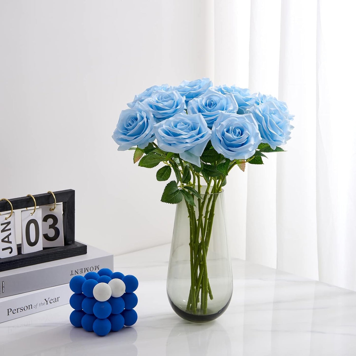 Artificial Rose 10pcs Open Flower Bouquet Faux Rose Stems for Wedding Arrangement, Bridal Bouquet, Centerpiece, Fake Faux Silk Flowers (Blue)