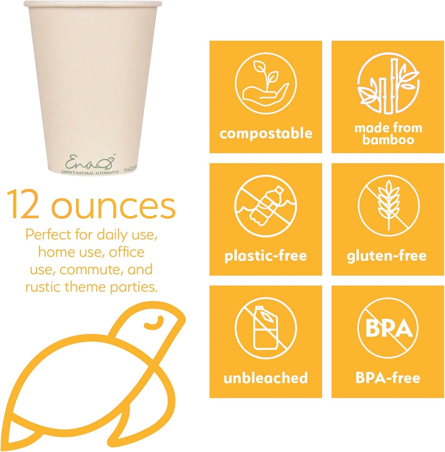 100% Compostable Disposable Coffee Cups [12oz 320 Pack] Paper Cups Made from Bamboo, Eco-Friendly, Biodegradable Premium Party Cups, Natural Unbleached by Earth's Natural Alternative