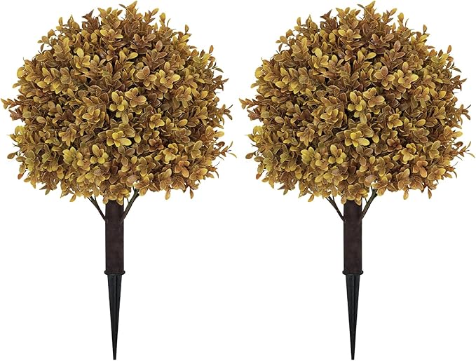 24" Tall Artificial Boxwood Ball Fall Topiary Trees Set of 2, UV Resistant Large Faux Plants Outdoor, 2ft Fake Bushes and Shrubs Look Real with Stake for Front Porch Outside Planter Backyard Decor