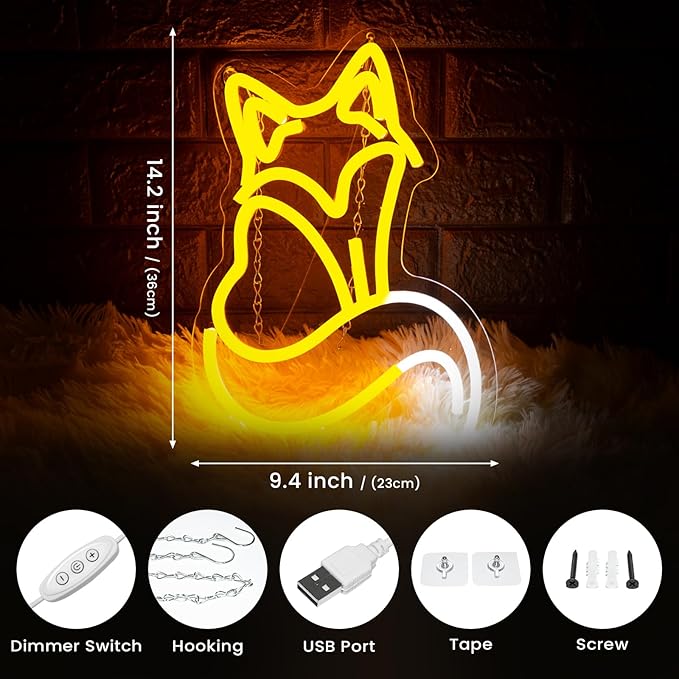 Fox Neon Signs, Fox LED Light for Wall Decor, Dimmable Neon Fox Sign Animal Sign for Fox Lovers Bedroom Living Room Bar Club Art Decor Gifts(14.2 x 9.4 inches) ﻿