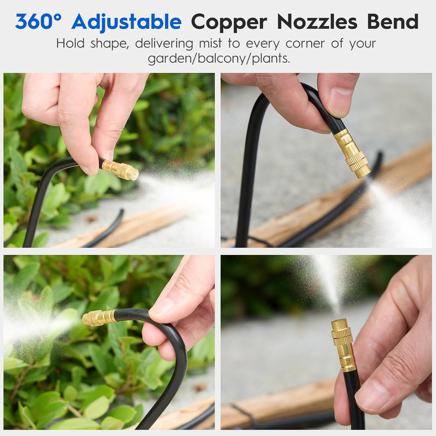360° Automatic Drip Irrigation Kit - 5/16'' Tubing, Adjustable Universal Spray Nozzle, Copper Atomizing System for Garden/Lawn/Greenhouse - Multi-Directional Rotation, Quick Connectors, 49FT