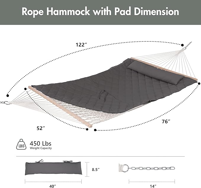 ANOW Outdoor Rope Hammock with Spreader Bars, Heavy Duty Hammock with Pad for Outdoors Indoors, 450 LBS Weight Capacity, Gray