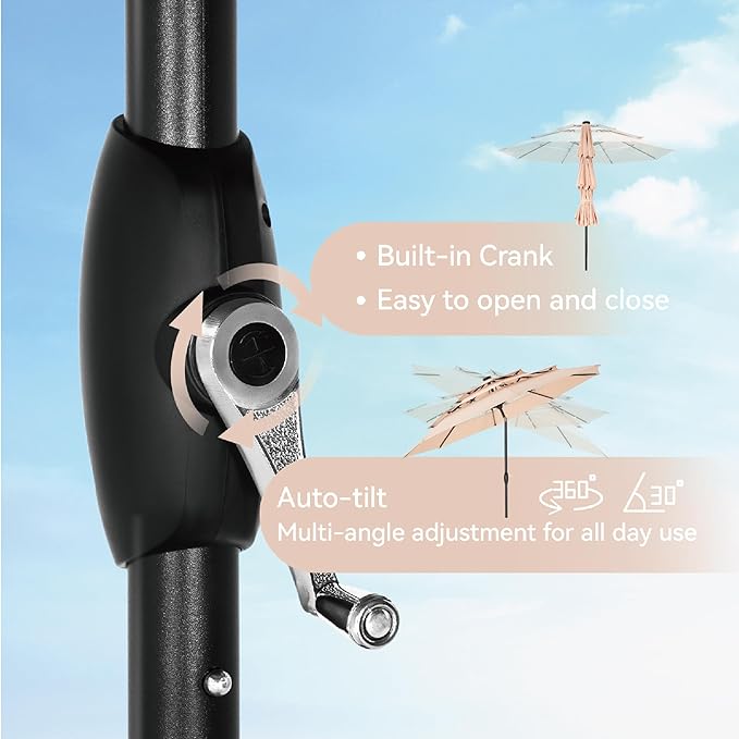 GREEN PARTY 10ft Outdoor Patio Umbrella, Auto-Tilt Market Table Umbrellas with Crank, 8 Sturdy Ribs & 1.5" Pole UV Protection for Garden Deck Backyard Pool