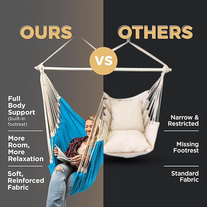 Hanging Hammock Chair Swing – Hanging Chair Outdoor & Indoor - Hammock Swing Chair – Quick & Easy Setup with Hardware Kit – Durable & Spacious Full Body Support – Holds 440 Lbs
