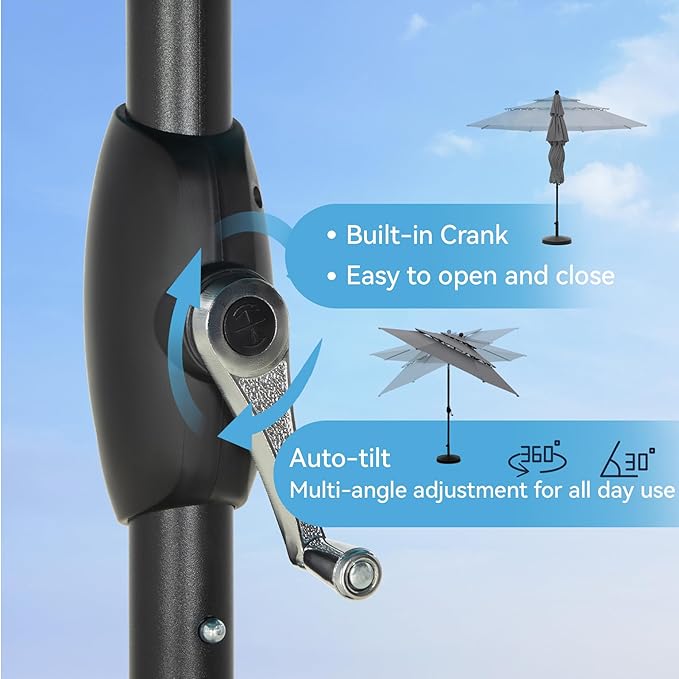 GREEN PARTY 10ft Outdoor Patio Umbrella, Auto-Tilt Market Table Umbrellas with Crank, 8 Sturdy Ribs & 1.5" Pole UV Protection for Garden Deck Backyard Pool