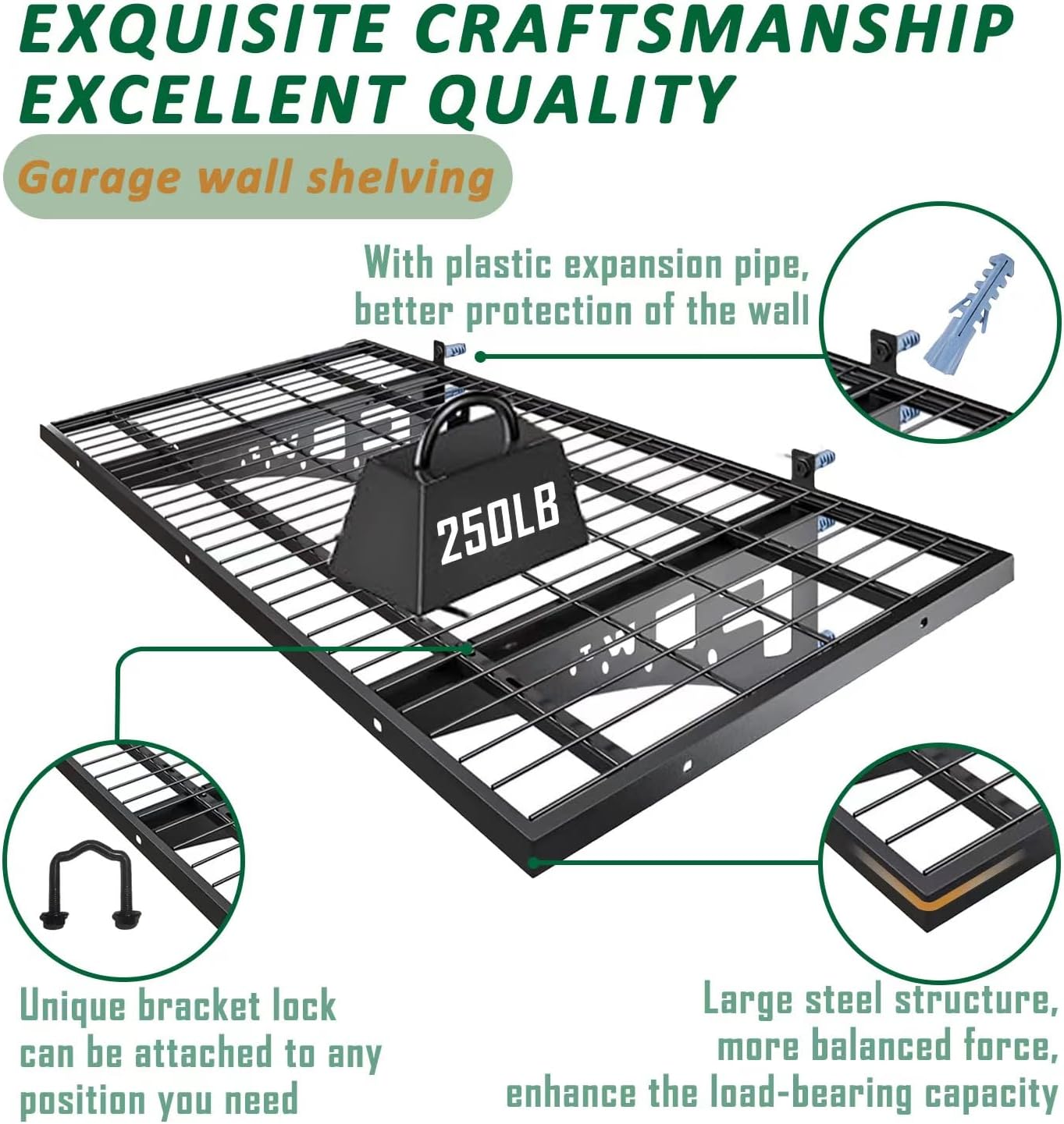 2 Pack Garage Wall Shelving, Heavy Duty 1.5' x 3.8' Wall Mount Storage Shelf with Hooks, Garage Storage Rack Floating Shelves, Holds 250 lbs Each