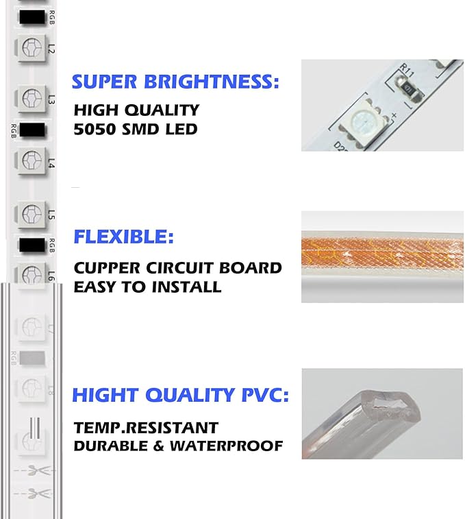 5050-60 Type AC 110-120V RGB LED Strip Lights, Flexible/Waterproof/Dimmable/Multi-Colors/Multi-Modes LED Rope Light + 24 Keys Remote for Home/Garden/Building Decoration (98.4ft/30m, RGB)