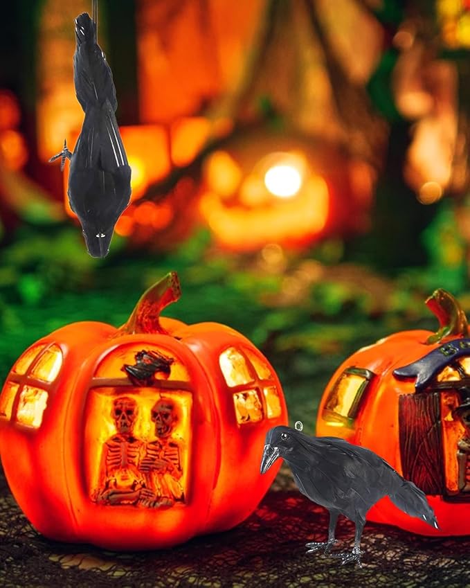 Hanging Dead Crows, 13 Inches Life-Size Raven, Realistic Handmade Fake Decoy for Garden Christmas Halloween Decorations [Face Up+Face Down+Stand] 2PC