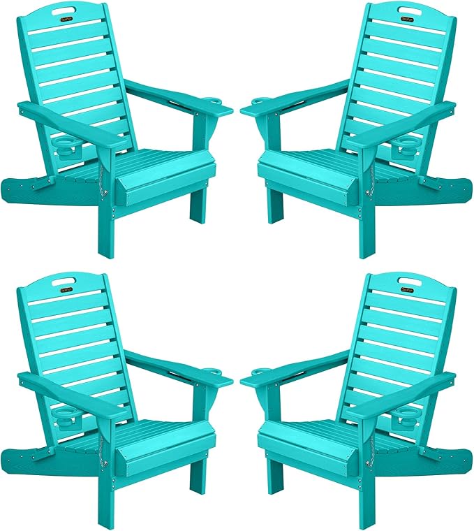 Adirondack Chairs Set of 4, Outdoor Fire Pit Chairs, HDPE All-Weather Adirondack Chairs with Cup Holder, Lawn Chair for Deck, Patio, Garden (Lakeblue)