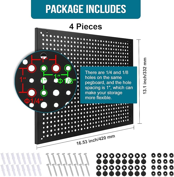4 Pack Heavy Duty Steel Pegboard Garage Organization Panels,Universal 1/8 and 1/4 Pegboard Accessories,Suitable for Tool Storage,Garage Storage etc.(Black, 16X12)