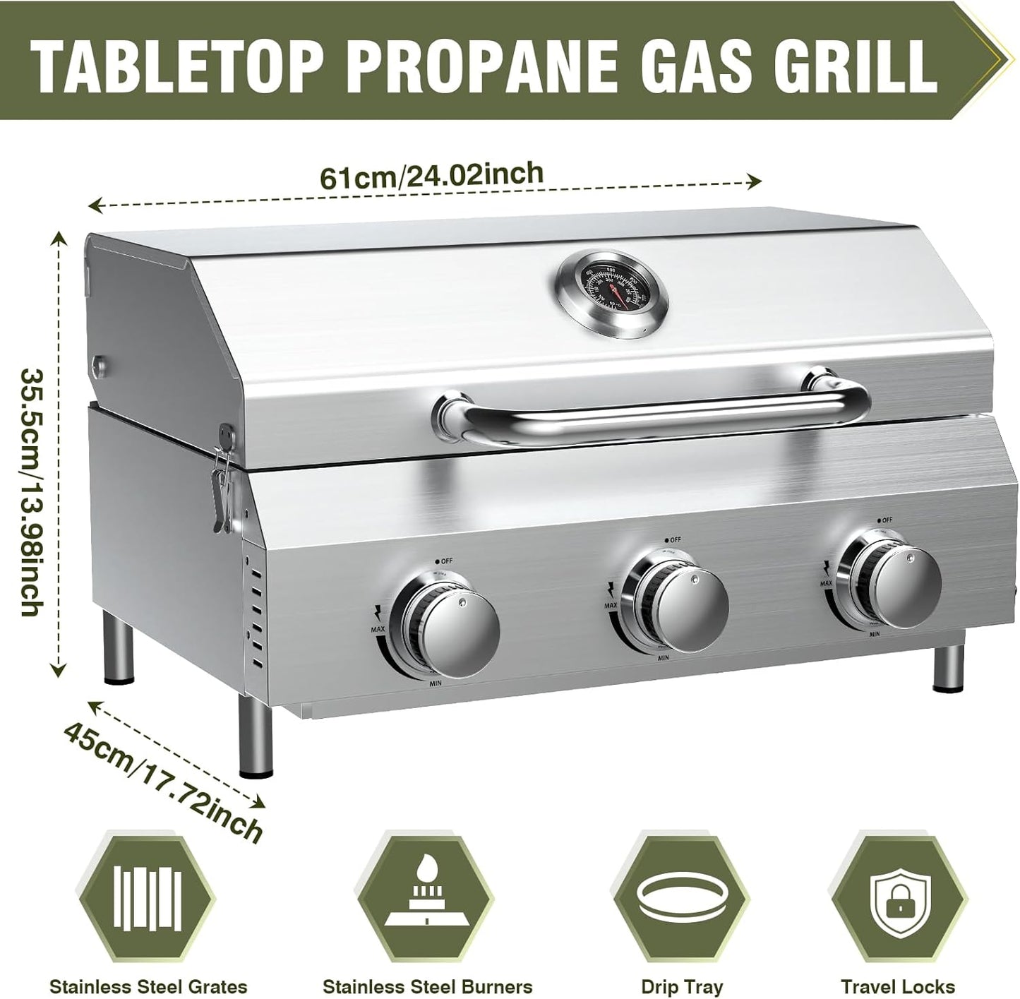 Bestfire 3-Burner Tabletop Gas Grill, 30,000 BTU Portable Propane Grill with Heavy-Duty Thickened Grates & Stainless Steel Knobs, Compact Design&Detachable Legs for Camping, RV, Backyard BBQ