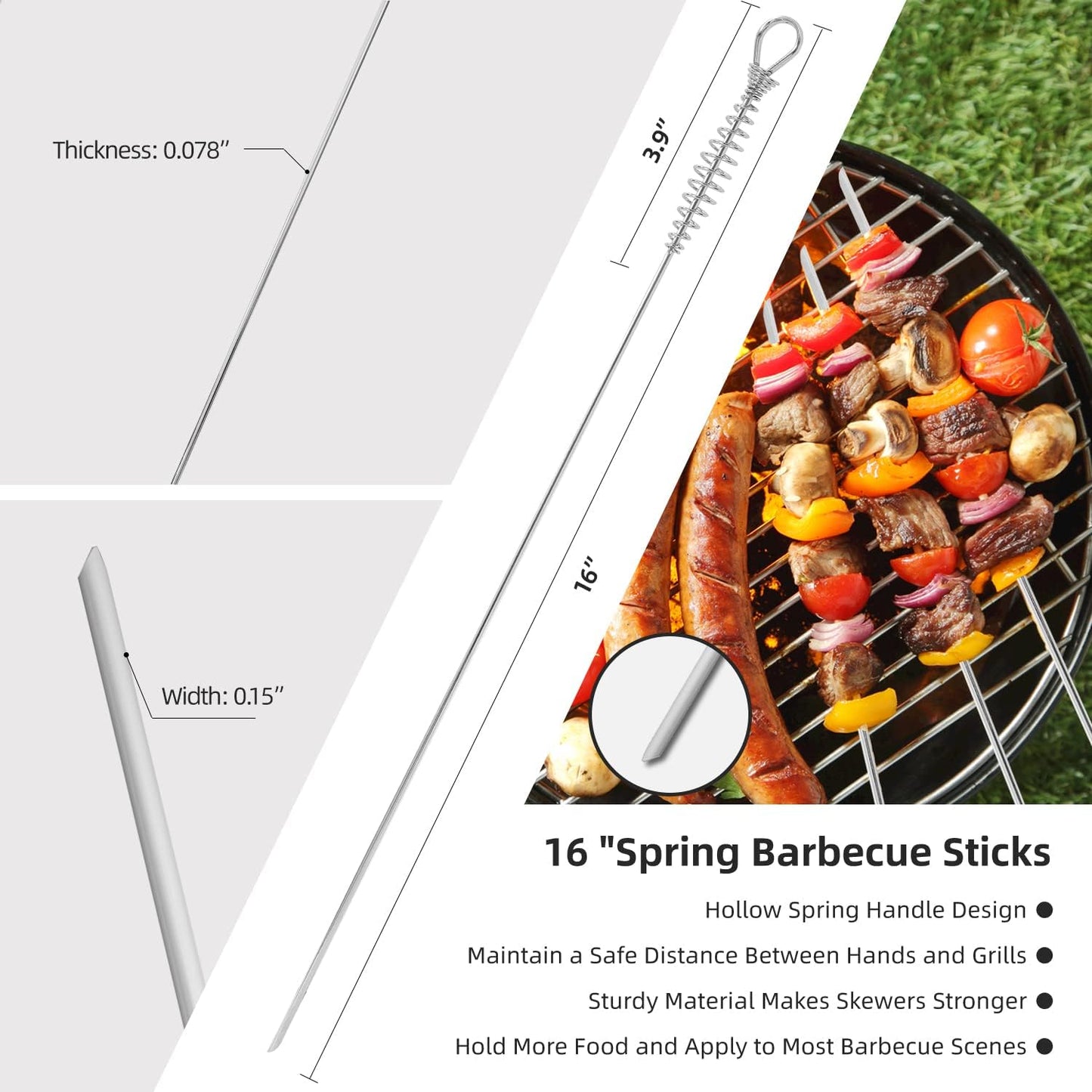 16"" 12 Pack - Metal Skewers Flat Long Kabob Skewers Reusable BBQ Barbecue Shish Sticks Skewers for Grilling, Stainless Steel, Sliver