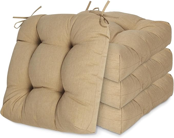 Aoodor 19" x 19" x 5" Tufted Outdoor Chair Cushions, Water Resistant & Fade Resistant Polyester Dining Chair Pads with 2 Straps for Patio Furniture, Set of 4