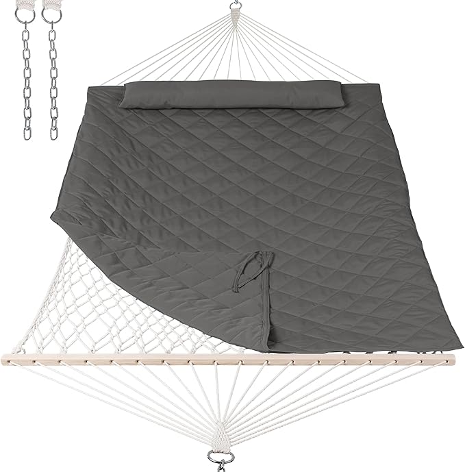 ANOW Outdoor Rope Hammock with Spreader Bars, Heavy Duty Hammock with Pad for Outdoors Indoors, 450 LBS Weight Capacity, Gray