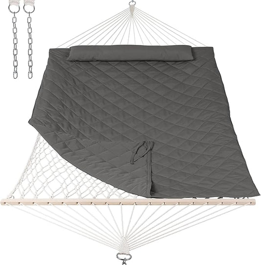 ANOW Outdoor Rope Hammock with Spreader Bars, Heavy Duty Hammock with Pad for Outdoors Indoors, 450 LBS Weight Capacity, Gray