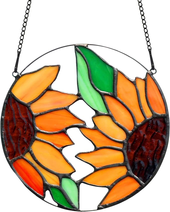 BOXCASA Sunflower Decor Stained Glass Window Hanging,Handmade Art Craft Sun Flower Glass Suncatchers for Window,Tiffany Style Ornament Home Decoration Housewarming Gifts for Mother