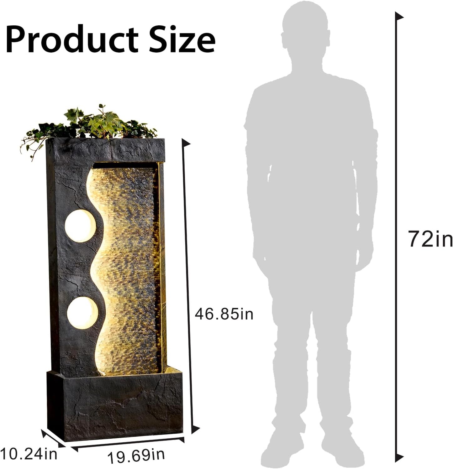 46.8" H Water Fountain Outdoor Water Fall Fountains Indoor Waterfall Modern Fountain with LED Lights Floor-Standing for Outside Garden, Patio, Backyard, Deck, Porch, Landscaping, Balconies