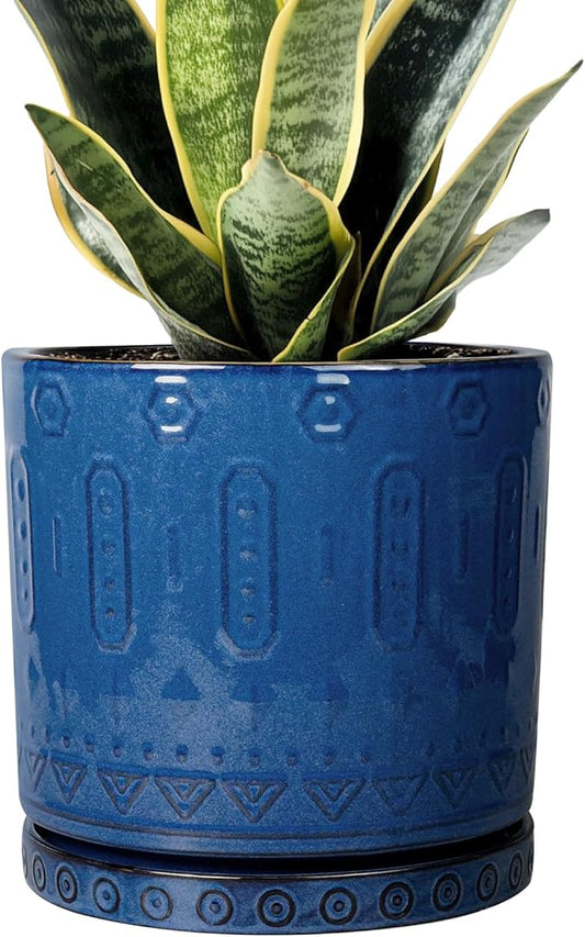 6 Inch Plant Pot - Ceramic Planter for Outdoor Plants Indoor Plant Pot with Drainage Holes and Saucer Succulent Pot Modern Round Flower Pot for House Room Decor Blue
