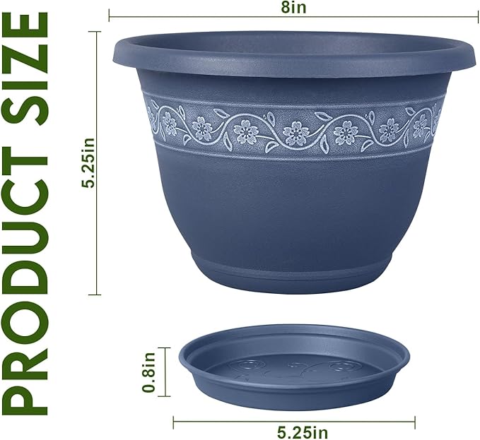 8 Inch Plant Pots with Drainage Hole - Lightweight Flower Pots for Herbs and Flowers - Home Decor Plastic Planters for Indoor Outdoor Plants- Pack of 6 (Blue, 8 inch)