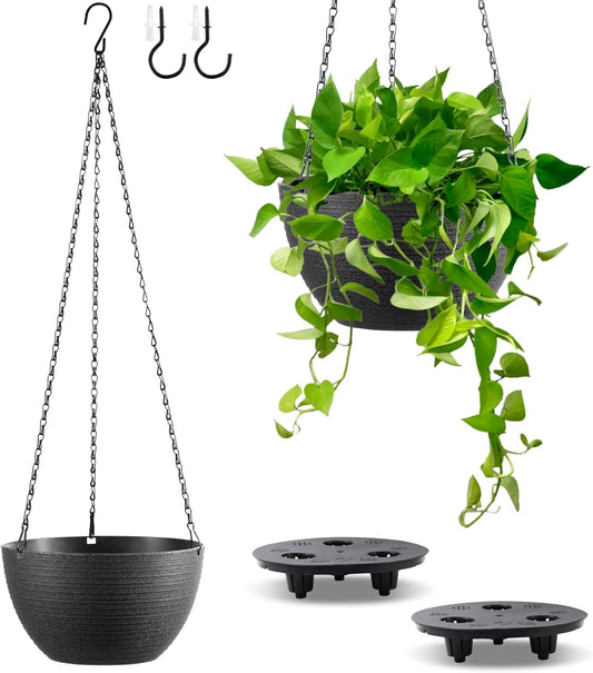 Hanging Planters for Indoor Outdoor Plants, Set of 2 Self Watering Hanging Pots with Drainage Hole & Plug and 20" Chain & Hooks