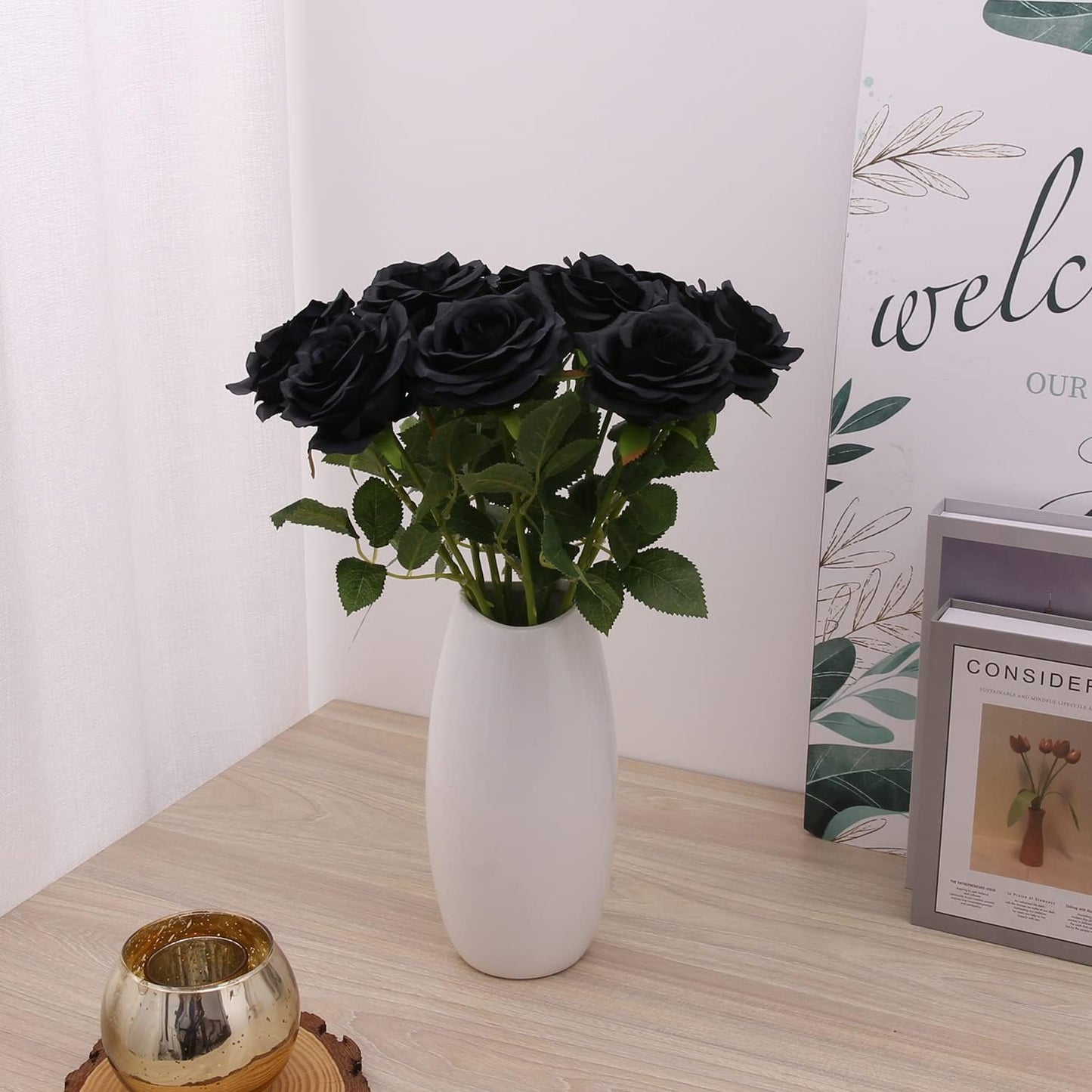 Artificial Rose 10pcs Open Flower Bouquet Black Faux Rose Stems for Wedding Arrangement, Bridal Bouquet, Centerpiece, Fake Faux Silk Flowers