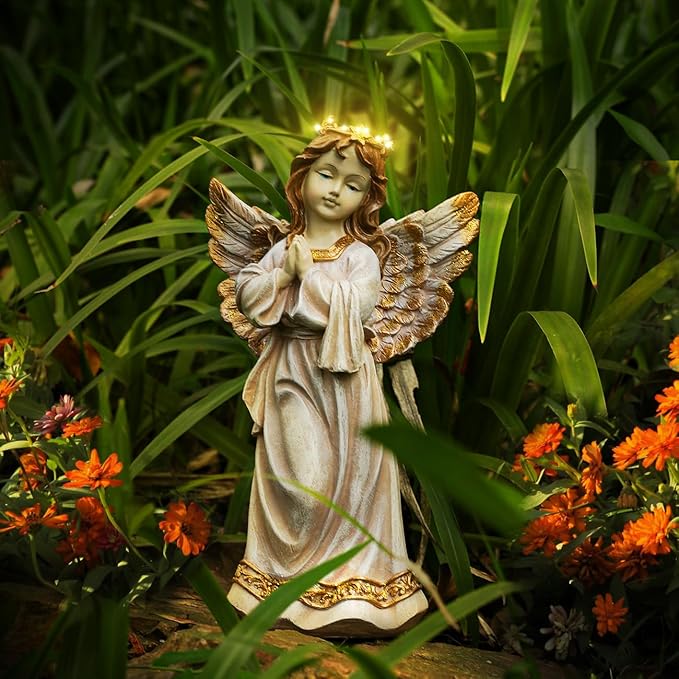 Angel Garden Statue,Memory Guardian Solar Garden Decor with Warm Light,Waterproof Praying Angel Statue with Garland,Outdoor Garden Decor Sculpture for Lawn Yard Patio,Sympathy Gift,Apricot Pink