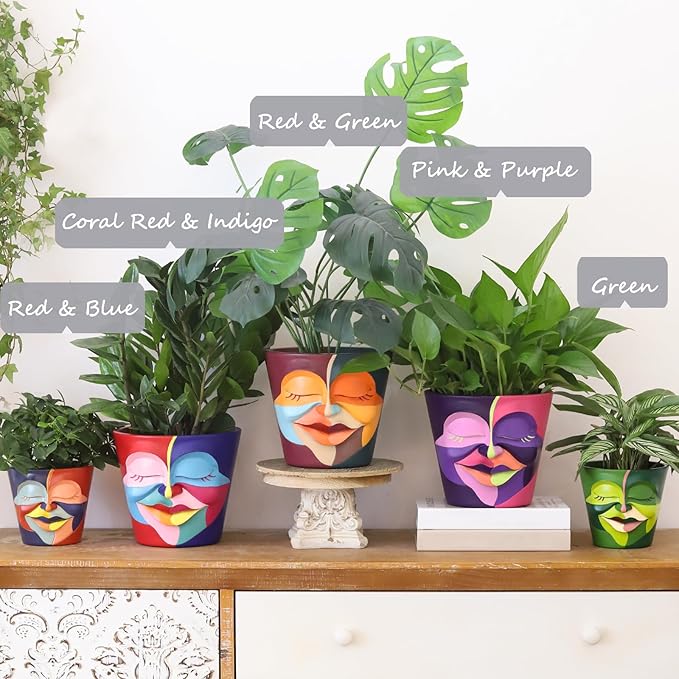 GUGUGO 8 Inch Abstract Rainbow Head Planter, Unique Face Plant Pot with Drainage, Cute Eclectic Flower Planters Pots for Indoor Outdoor Plants, Colorful Funny Room Decor Aesthetic, Coral Red & Indigo